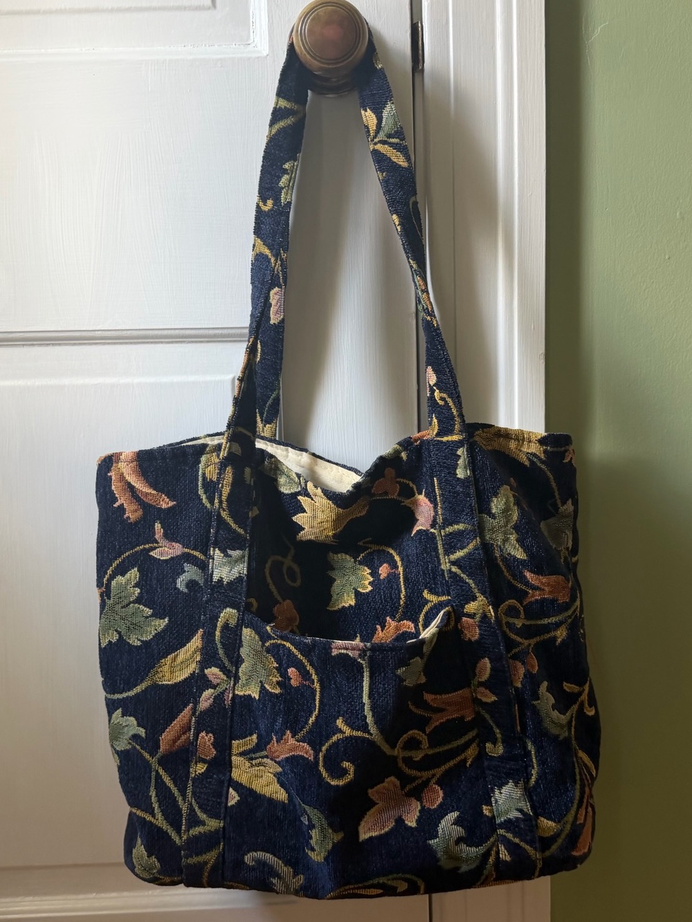 Vintage Chenille Carpet Tote Bag in Black, Tan, Gold, Orange and Green